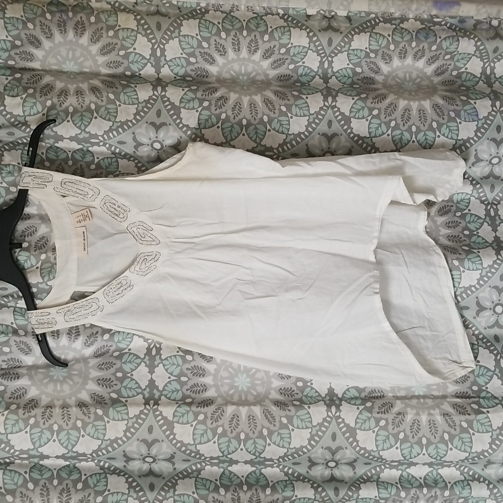 Donna Karen linen tunic, gd thread detail high low hem